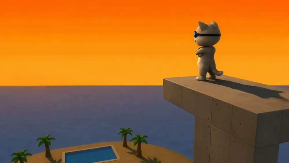 YOLO Cat standing on the edge of a high diving platform