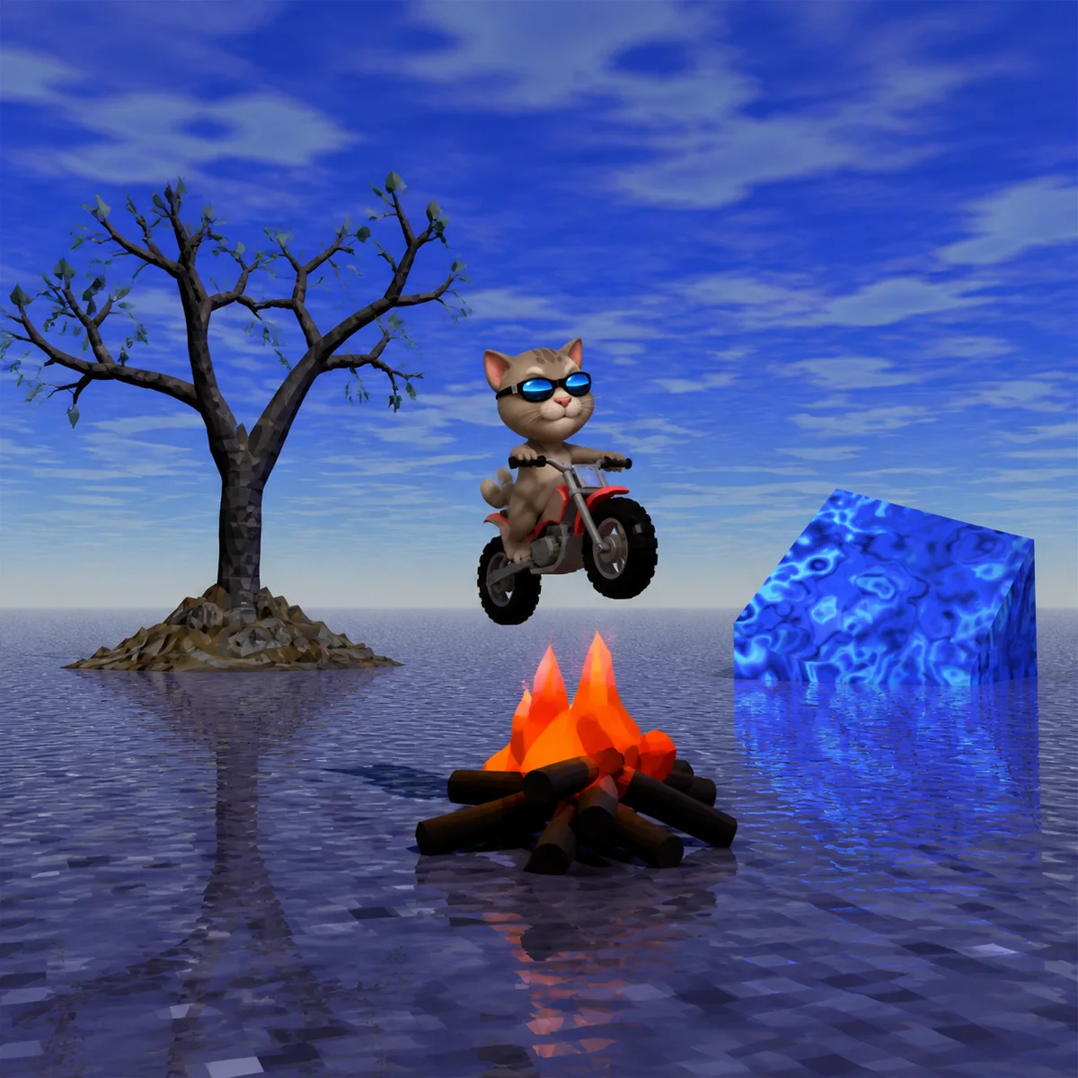 YOLO Cat jumping a motorbike over a bonfire
